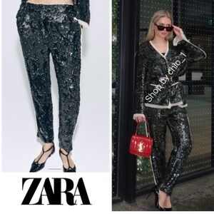 ZARA NEW WOMAN GREEN SEQUIN PANTS ZW COLLECTION. LIMITED ADDITION